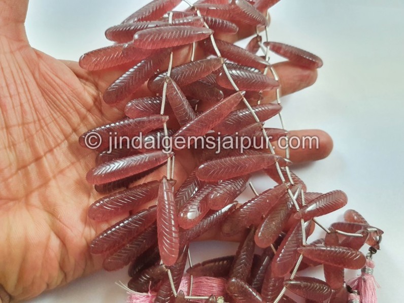 Pink Strawberry Quartz Carved Long Pear Beads