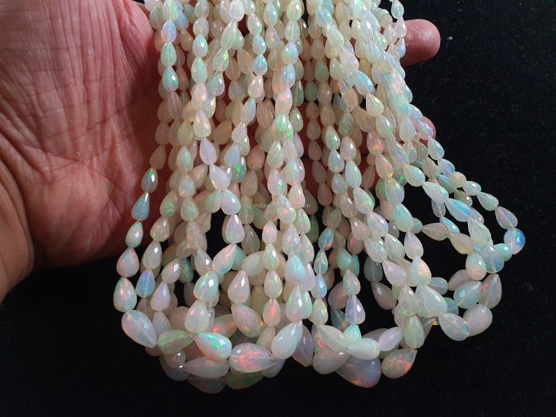 White Ethiopian Opal Straight Drill Faceted Drop Beads