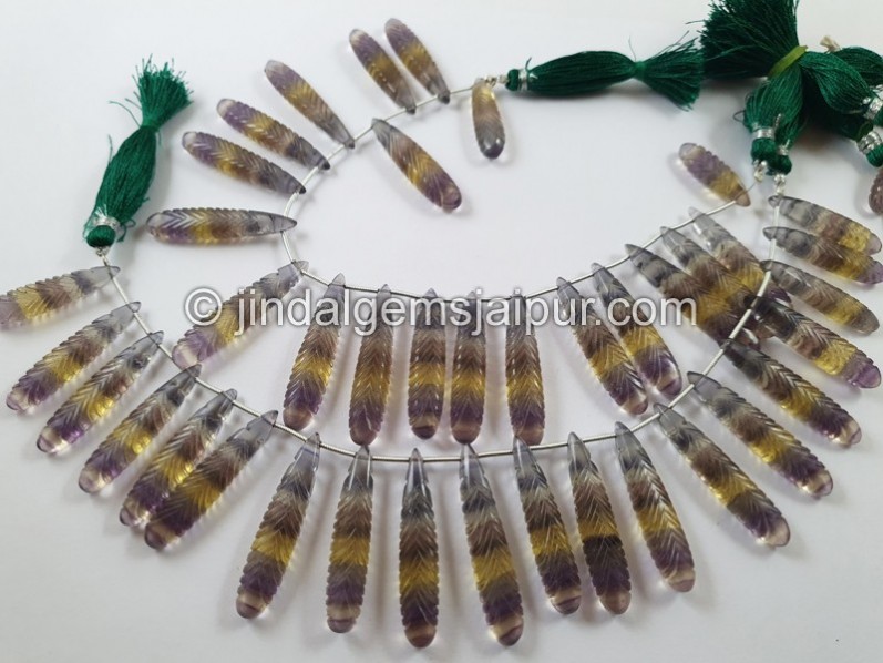 Tri Color Fluorite Carved Long Pear Beads